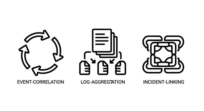 Network security and data management icons including event correlation log aggregation incident linking with correlation aggregation incident security management monitoring database document