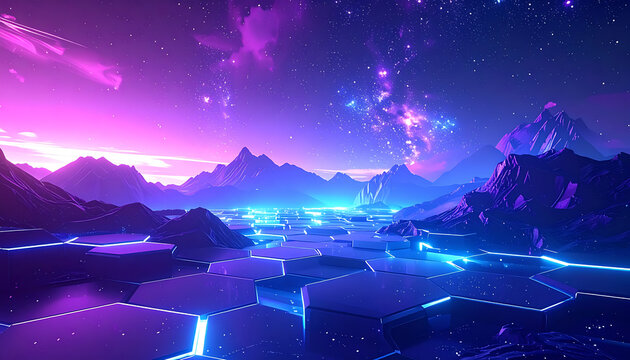 Pixelated retro-futuristic landscape at night with glowing neon lights, mountains under a starry sky, digital art, vaporwave aesthetic
