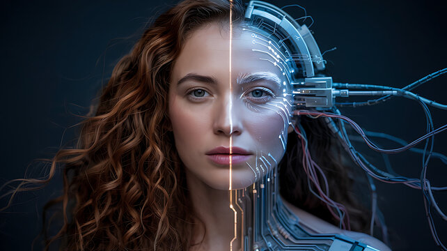 Humanity and Technology: A striking portrait divides a woman's face into two halves: one natural and organic, the other cybernetic and infused with glowing circuitry.