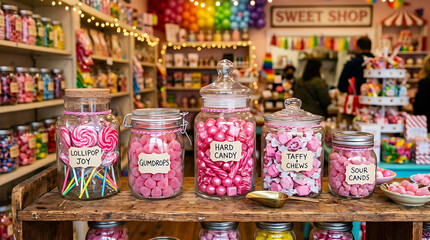 Assorted pink candies in glass jars on a wooden shelf in a sweet shop display