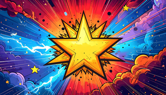 Pixel art starburst exploding with bright yellow and orange against a vibrant blue and red cosmic background with lightning and clouds, retro comic book style