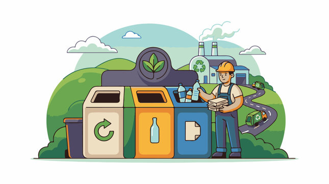 A cartoon man in a hard hat stands beside recyclable waste sorting bins