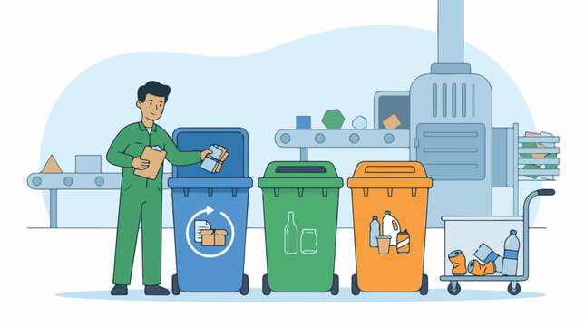 A cartoon man in green overalls throwing recyclables into a blue recycling bin