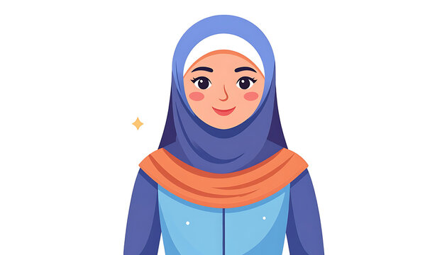 Pixel art portrait of a smiling young Muslim woman wearing a blue hijab and light blue modest clothing, isolated on white