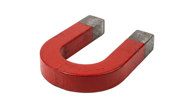 Red horseshoe magnet with metallic ends on transparent background for science education and physics art.