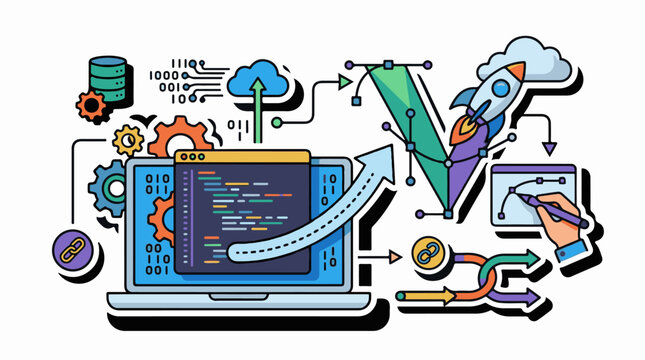 A colorful illustration depicts a laptop with coding on the screen surrounded by various symbols and icons representing
