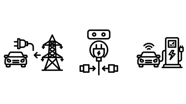 Electric vehicle charging grid connection fast charge icons set representing sustainable transport and green energy infrastructure with eco friendly electric car icon set eco innovation power grid
