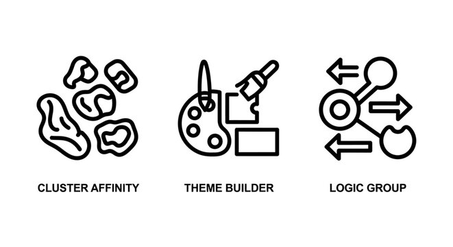 Cluster affinity theme builder and logic group technology icons with affinity abstract connected software development organization structure engineering technical arrangement relation