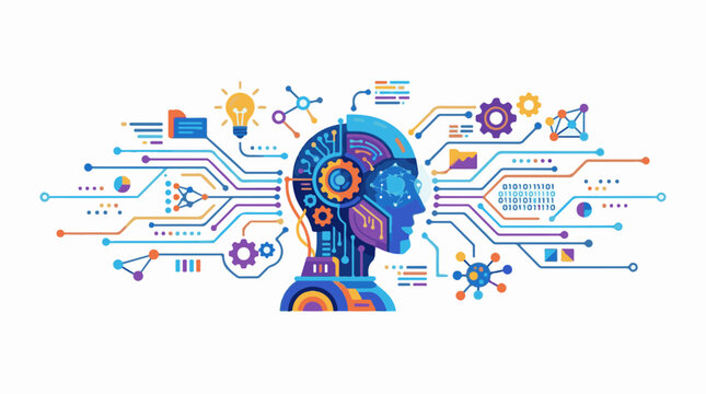 A stylized illustration of a human head with mechanical components and circuit boards