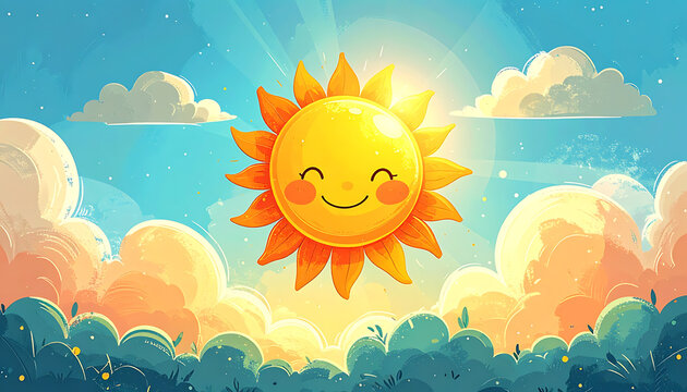 Pixel art sun with happy face shining brightly in blue sky with clouds, digital illustration