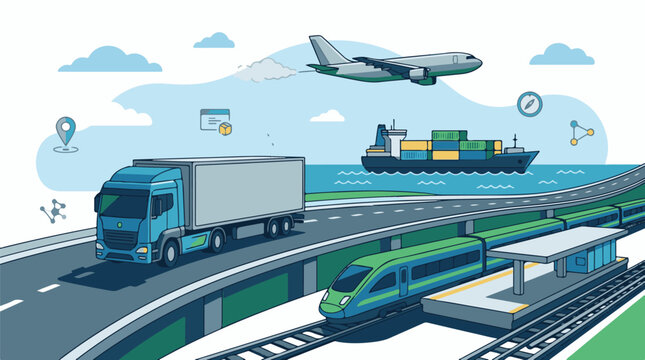 A colorful illustration of various transportation modes including a truck on a road a train on tracks a cargo ship in