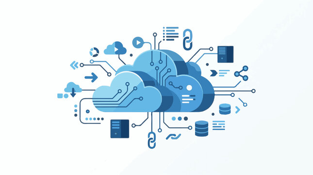 A blue cloud computing concept with various icons and symbols