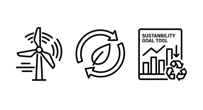 Sustainability goal and green energy management icons with sustainability environment business management reporting conservation renewable progress strategy analytics corporate responsibili