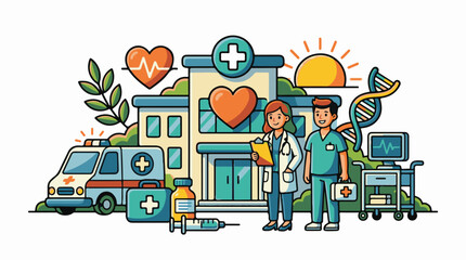 Naklejka premium A colorful illustration showcasing medical professionals standing in front of a hospital with various health-related sym