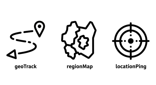 Geo track route region map and location ping target line icons set with geotrack location navigation tracking crosshair geography position coordinate boundary positioning searching accuracy