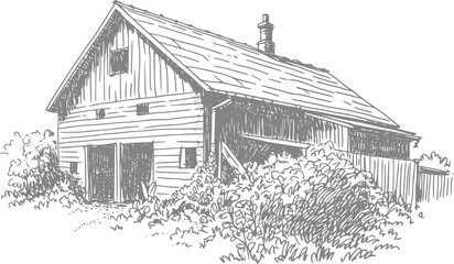 Of a rustic wooden barn with double doors and surrounding foliage © simplevector