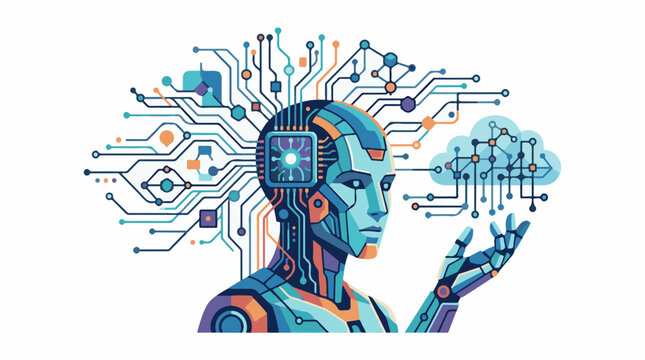 A futuristic robot with a circuit board head and a thought bubble