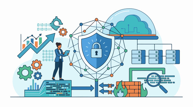 Cybersecurity concept with shield cloud and data protection elements