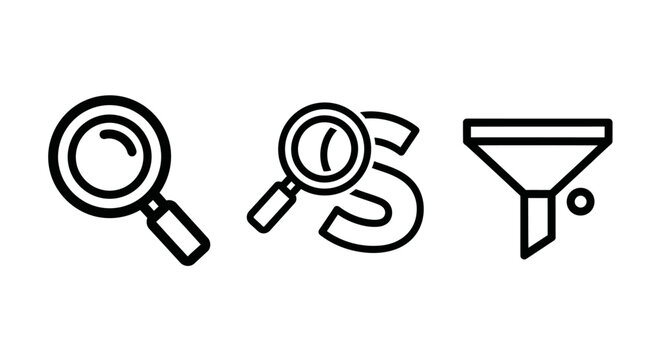 Search and data filtering line icons with magnifying analysis discovery selection interface optimization management information technology function software navigation exploration