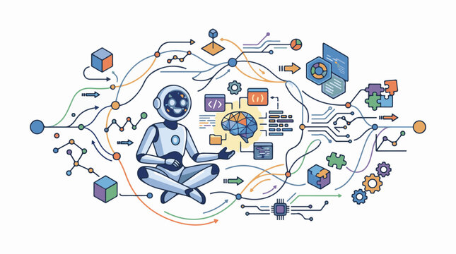 A robot surrounded by various colorful symbols and lines