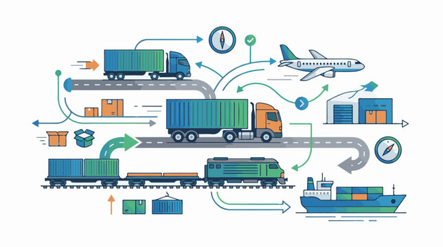 A colorful infographic depicts a complex shipping process with trucks trains planes and ships transporting containers
