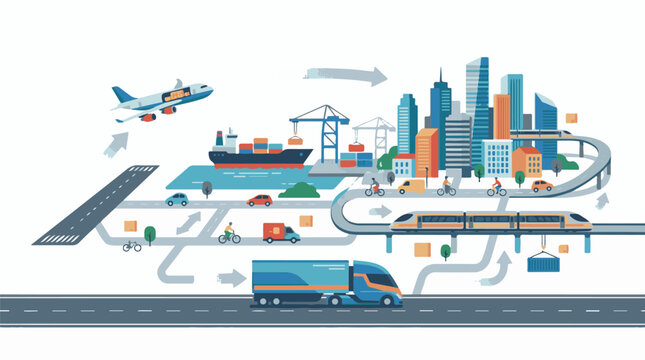A colorful illustration of a city's transportation system with various modes and vehicles