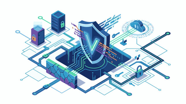 A computer-generated illustration depicting a shield surrounded by servers circuit boards and locks showcasing data p