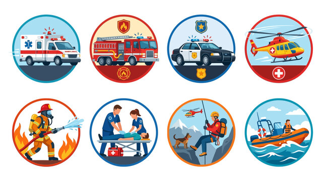 Emergency services flat vector icons set, collection of 8 rescue vehicle and first responder badges, ambulance fire truck and police car illustrations