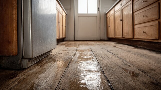 Kitchen flooded with water on wooden floor