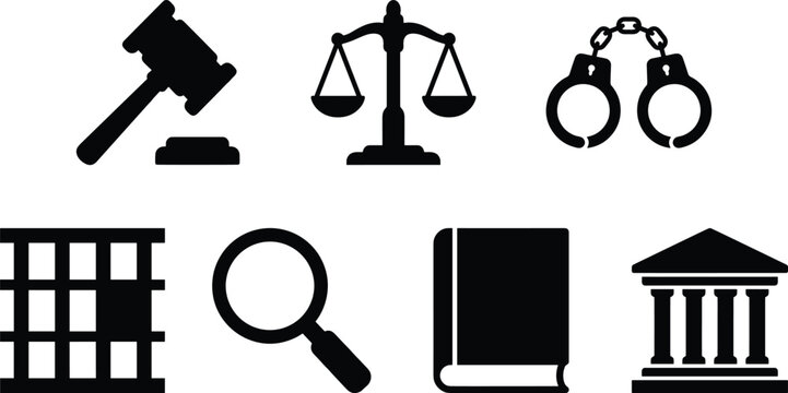 Law and Justice Icon Set with Court Legal and Investigation Symbols