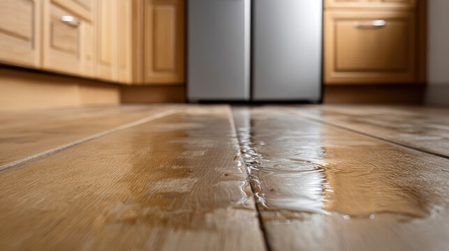 Water leak on kitchen floor causing wooden floor damage