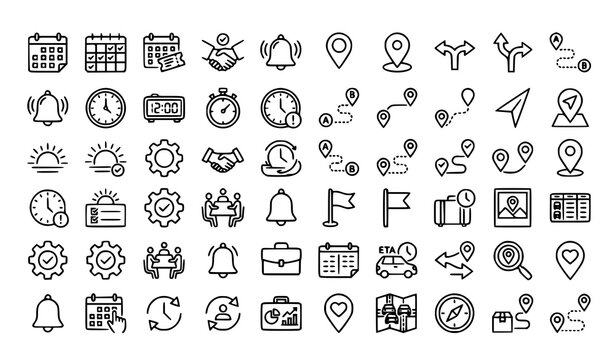 Modern Time Management and Location Services Outline Icons Collection with Calendar Clock and GPS Elements