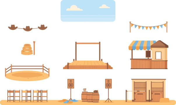 Western rodeo festival scene set with wooden stage arena seating livestock stalls banners cowboy hats and blue sky