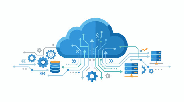 A blue cloud with various symbols and arrows representing data flow and technology