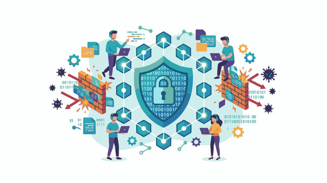 A vibrant digital illustration showcasing a shield with binary code at its center surrounded by four individuals with l