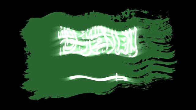 Waving torn Saudi Arabia flag grunge brush burn light leaks, transparent background alpha channel loop full HD