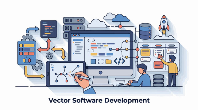A cartoon graphic depicting two people developing software with computers