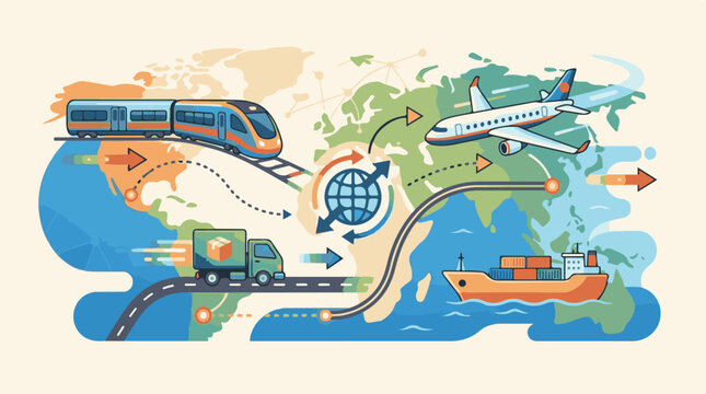 A colorful graphic illustrating various transportation modes on a world map