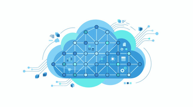 A blue cloud-shaped network diagram with various icons and lines