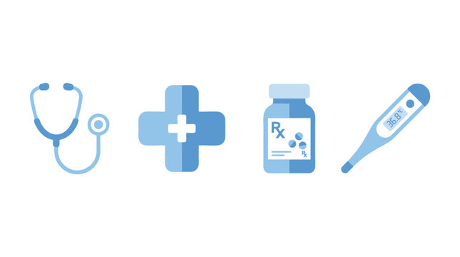 Medical and healthcare vector illustration element set. Flat blue icon collection with stethoscope, cross medical sign, prescription Rx medicine bottle, and digital thermometer isolated on white backg