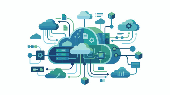 A blue and green cloud computing diagram with various icons