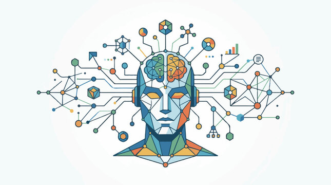 A stylized illustration of a humanoid head with a brain composed of circuits and geometric shapes