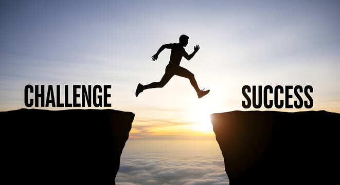 Man jumping across a wide gap between two cliffs representing the transition from difficult challenge to ultimate business success