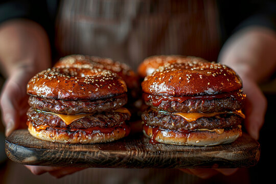 Juicy gourmet beef burgers with onion, lettuce and tomato on brioche bun served on rustic wooden board by a chef.