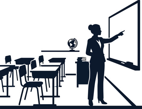 Black and white of a teacher pointing at a chalkboard in a classroom with empty desks