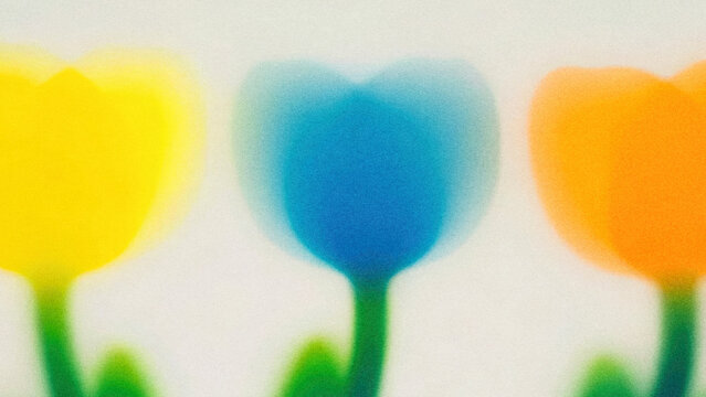 Colorful tulips in yellow, blue, and orange against a soft background during springtime