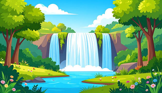 Pixel art waterfall cascading into a clear blue stream surrounded by lush green trees and vibrant wildflowers on a sunny day