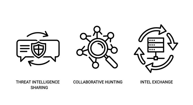 Set of three cybersecurity icons representing threat intelligence sharing collaborative threat hunting intel exchange with cybersecurity intelligence exchange security protection information