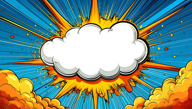 Retro comic book explosion with blank speech bubble for text, vibrant burst effect, dramatic light rays and smoke