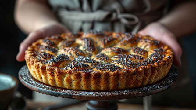 Baker hands holding a decorated poppy seed pie with a braided golden crust on a vintage metal stand in a rustic bakery.